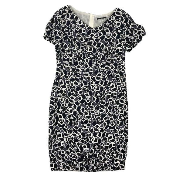 HUGO BOSS Dress US 10 Silk Black White Navy Geometric-Print Short-Sleeve Zip - Picture 1 of 16